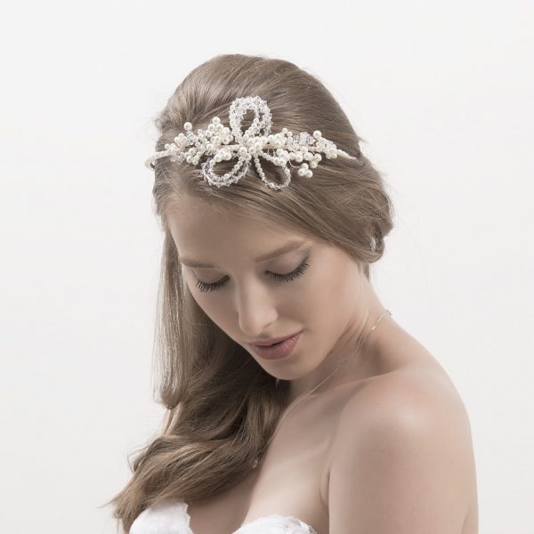 Handmade side headband with pearls, Swarovski stones and flowers