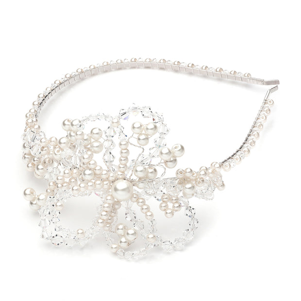 Handmade side headband with pearls, Swarovski stones and flowers